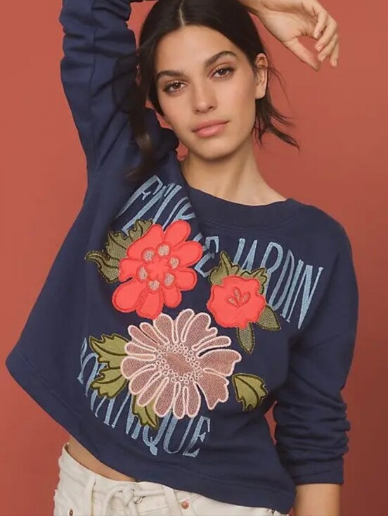 Anthropologie Sweaters - Anthropologie Navy Floral Graphic Sweatshirt - Fleur de Jardin